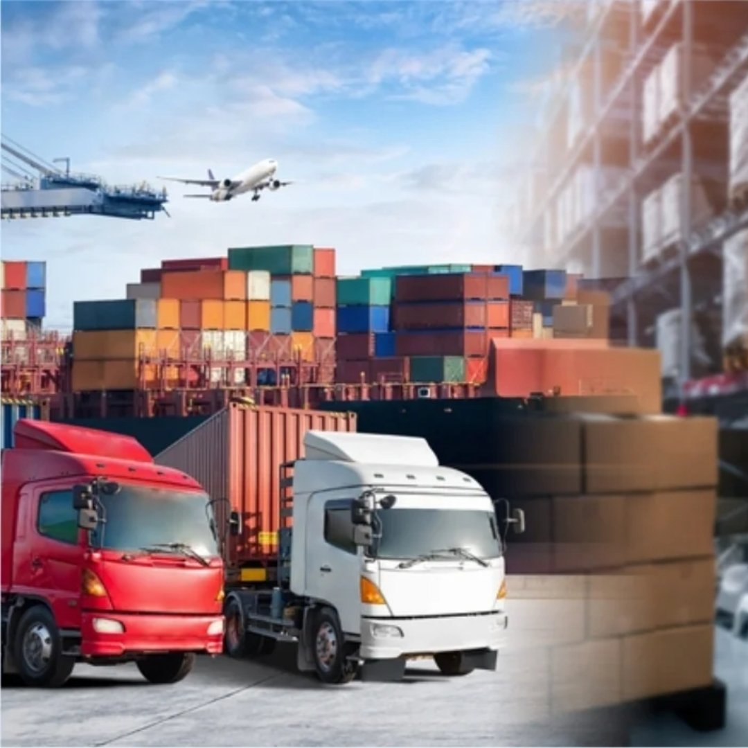 Trucks, containers and aircraft at a multimodal freight hub