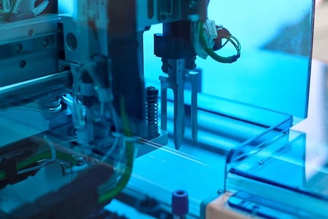 Automated pick-and-place machine under blue production lighting